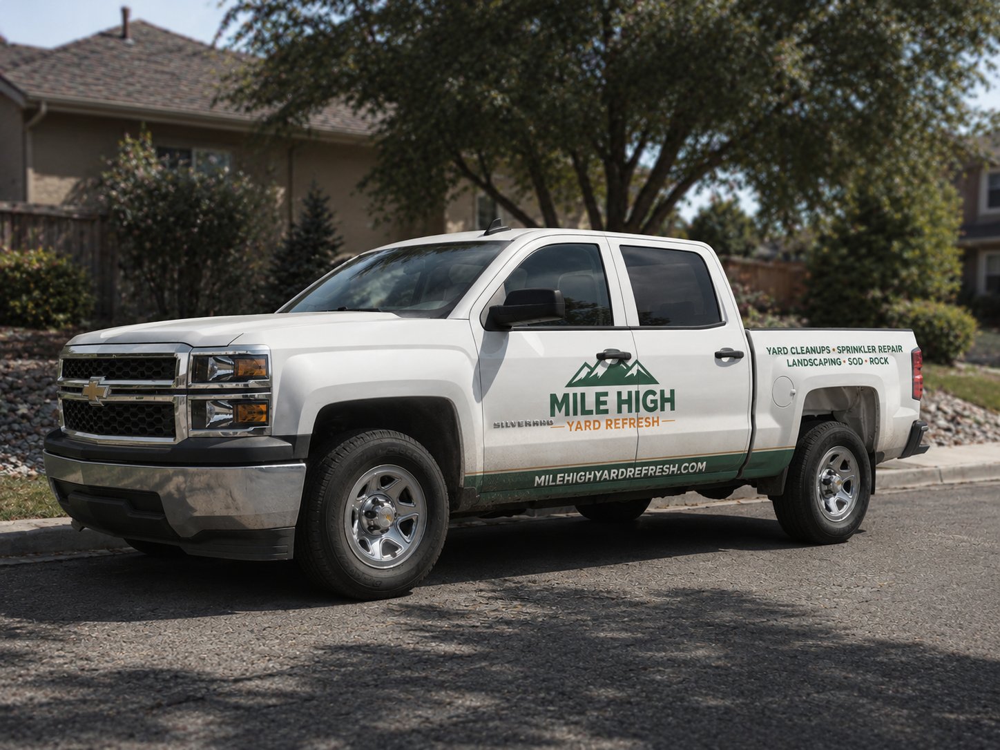 Mile High Yard Refresh work truck parked at a Denver-area home