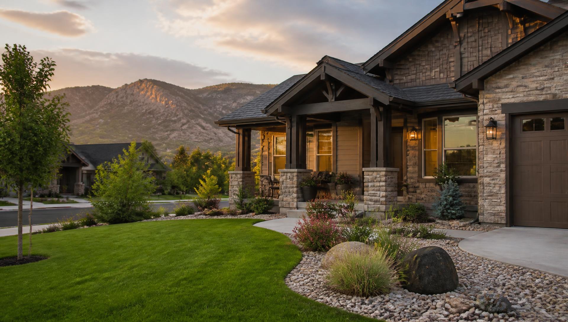 Freshly maintained Colorado front yard with green lawn, mulch beds and rock landscaping